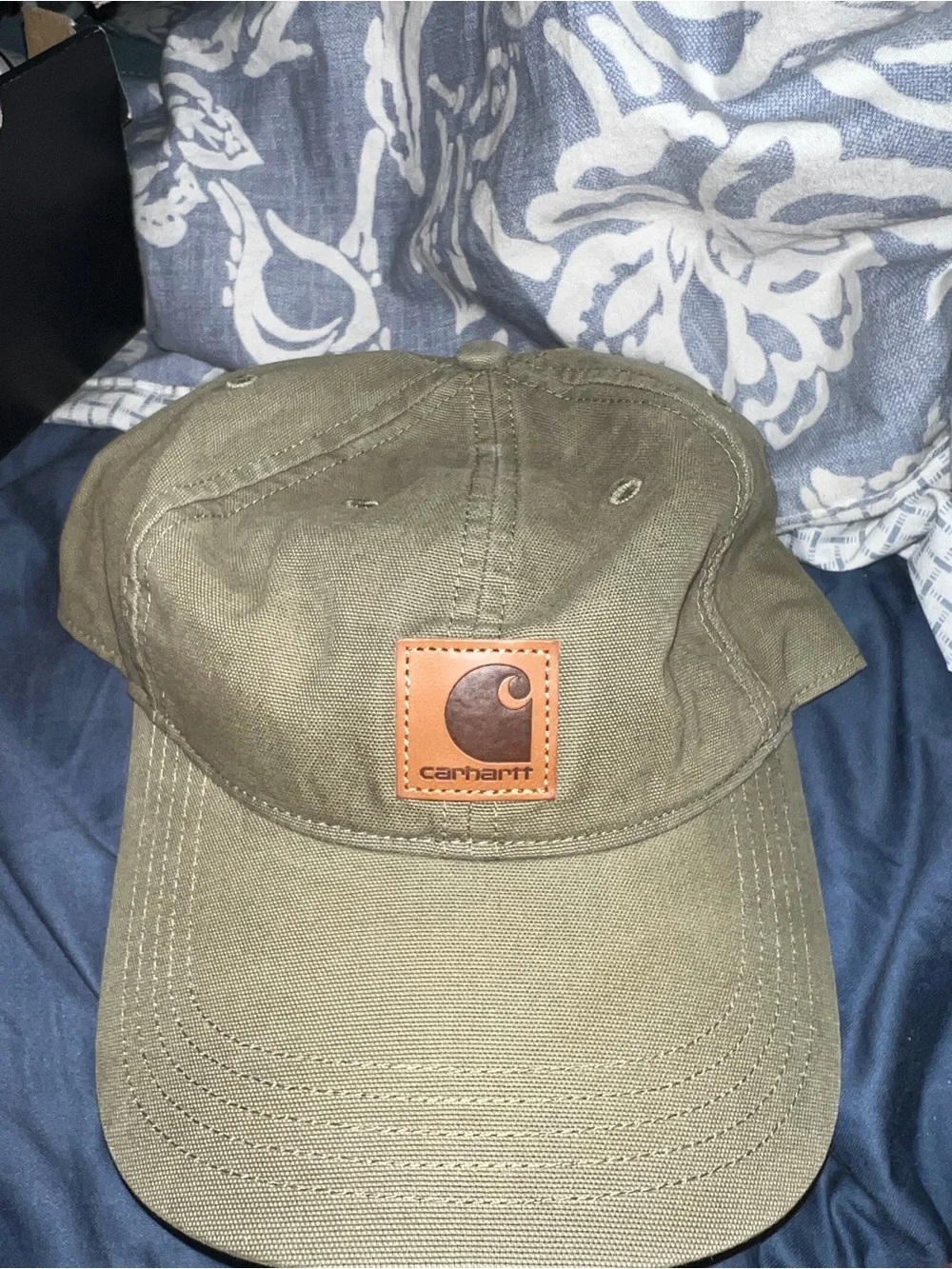 Carhartt Olive Green Canvas Hat with Brown Leather Patch